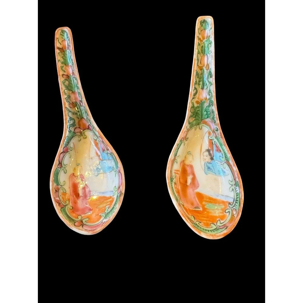 Antique Chinese Rose Medallion Hand Painted Porcelain Soup Spoons 1930's Lot 8!!